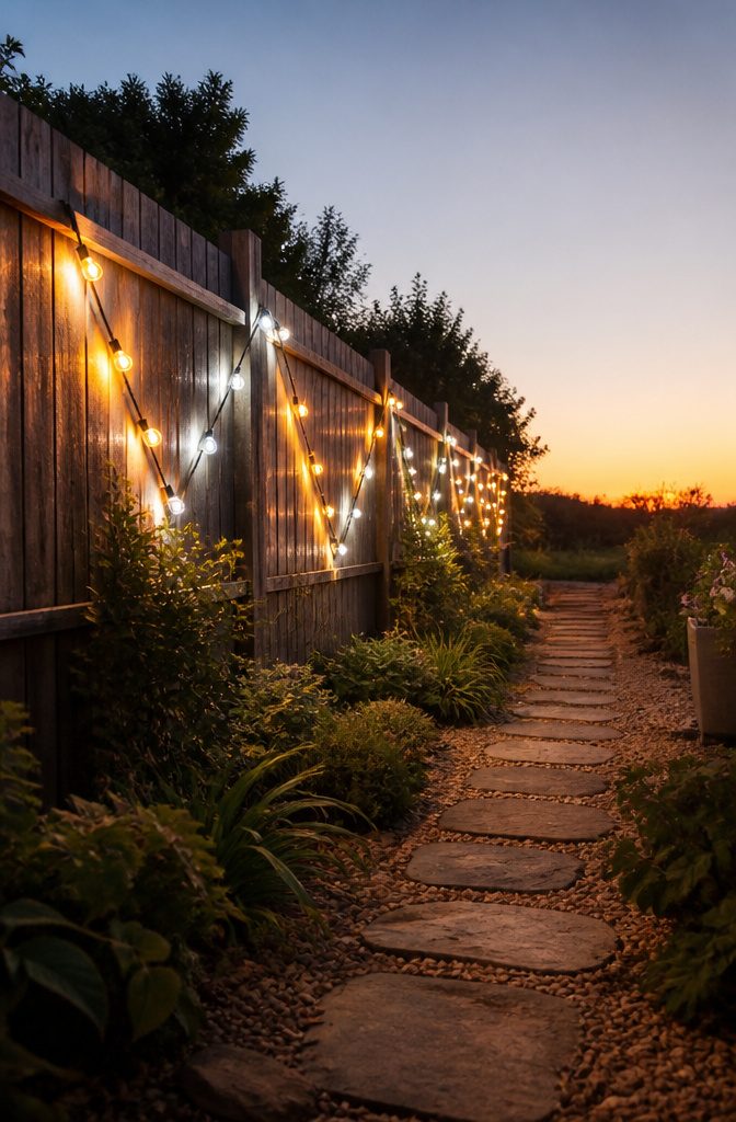 20 Outdoor Fence Lighting Ideas That Work in 2026 16 Café string lights arranged in a zigzag pattern on a fence.