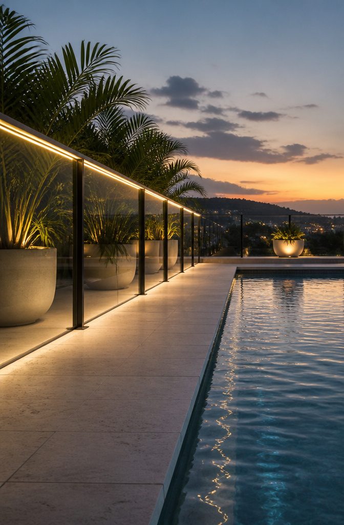 20 Outdoor Fence Lighting Ideas That Work in 2026 6 LED strips under the top rail of a pool fence.