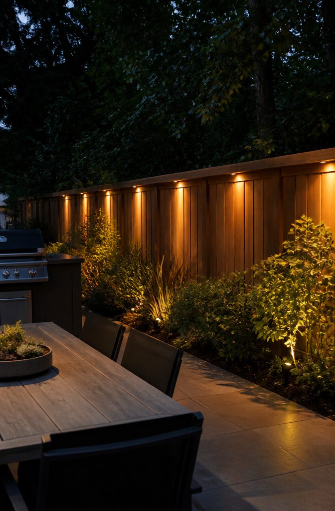 20 Outdoor Fence Lighting Ideas That Work in 2026 18 Recessed lights installed in the top rail of a wooden fence.
