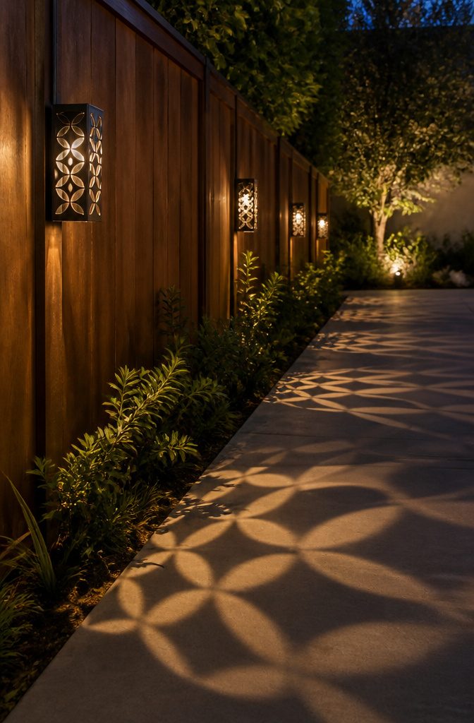 20 Outdoor Fence Lighting Ideas That Work in 2026 13 Shadow-casting fixtures illuminating a concrete path next to a fence.