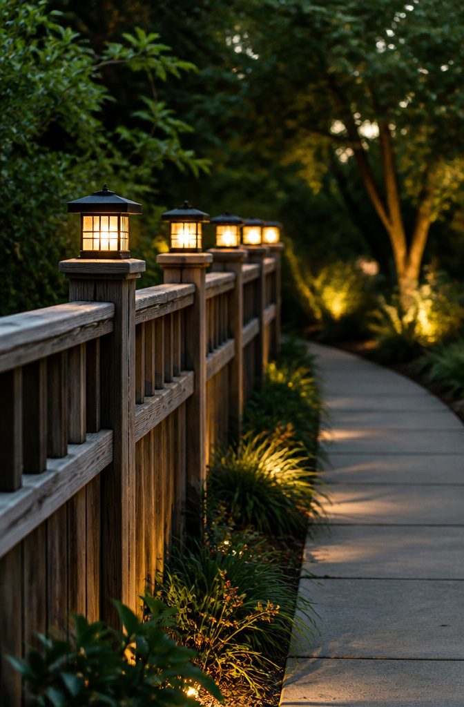 20 Outdoor Fence Lighting Ideas That Work in 2026 5 Solar light fixtures on top of a wooden fence.