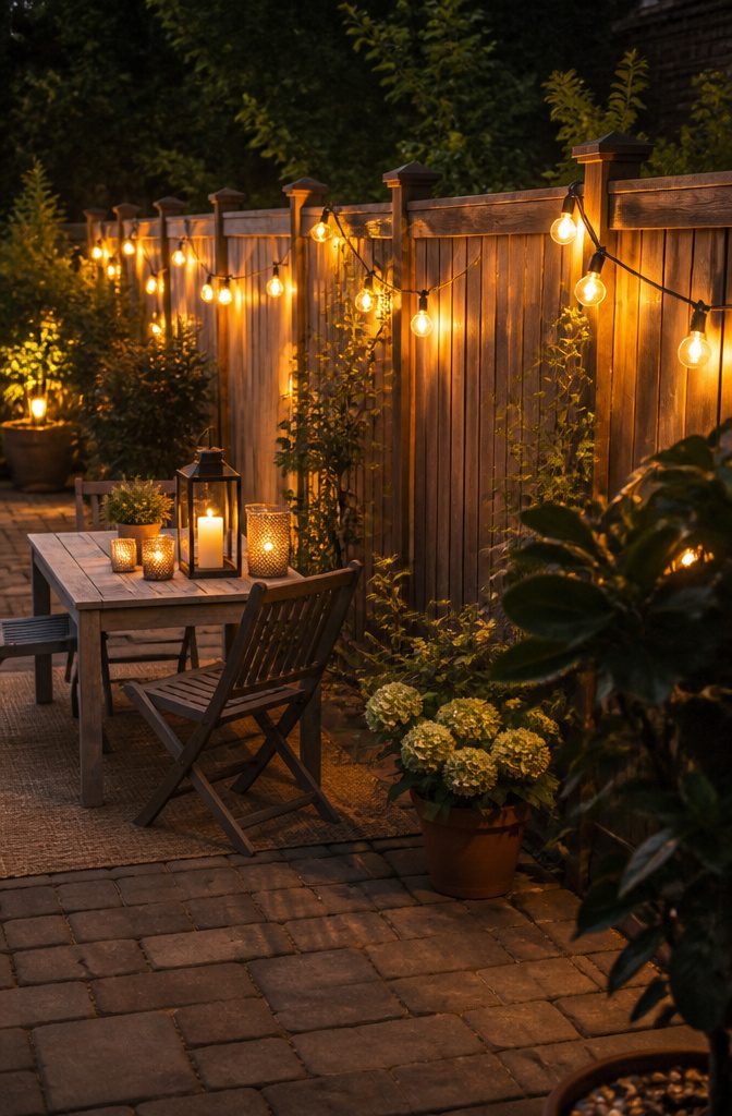 20 Outdoor Fence Lighting Ideas That Work in 2026 3 String lights with vintage bulbs hanging on a fence.