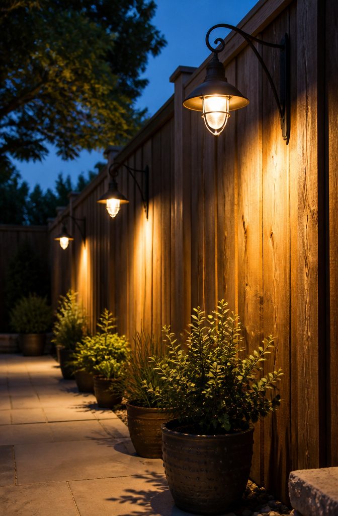20 Outdoor Fence Lighting Ideas That Work in 2026 4 Lanterns mounted on a wooden fence with warm light.
