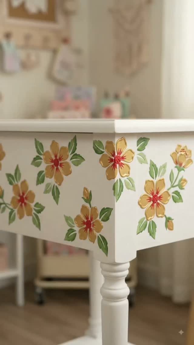 Painting Kitchen Table Ideas: 11 Looks From Yellow to Black 10 White wooden table with hand-painted yellow flowers and green leaves on the side.