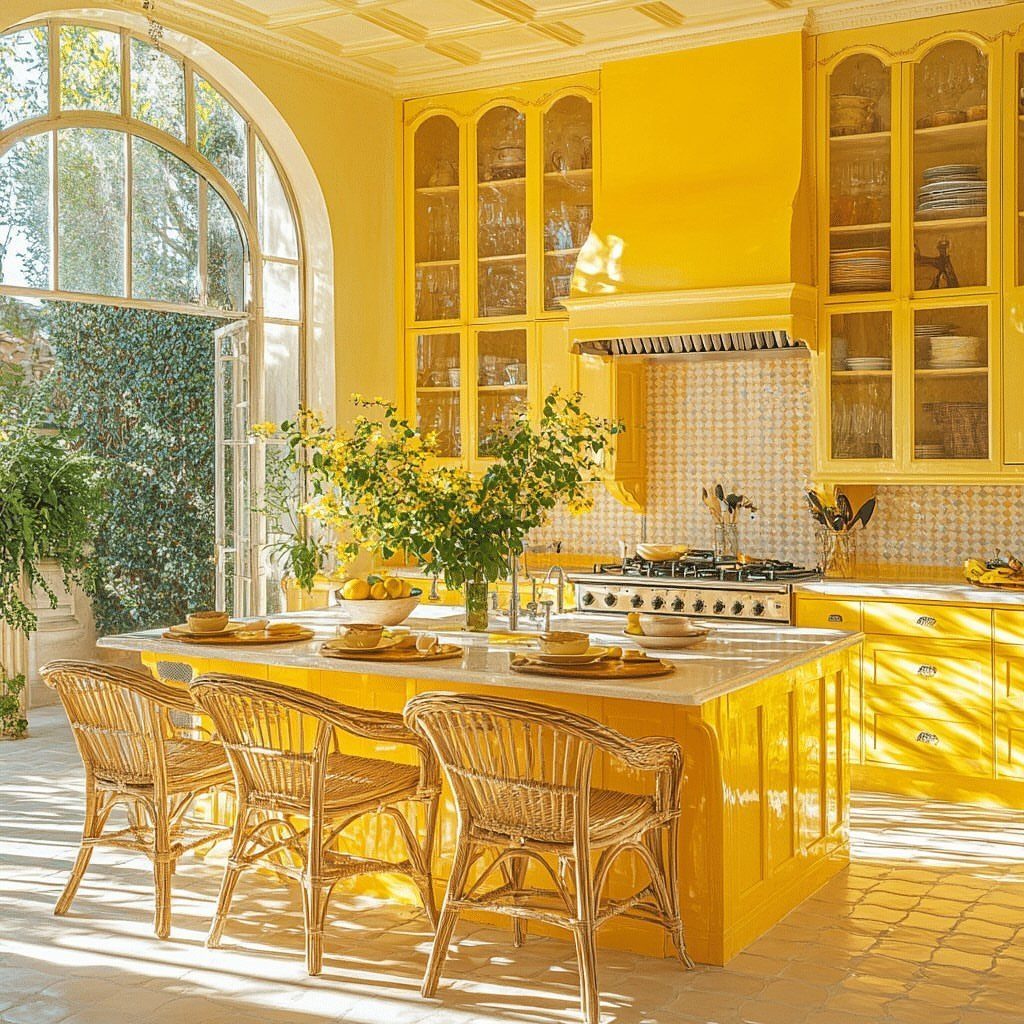 Painting Kitchen Table Ideas: 11 Looks From Yellow to Black 1 Yellow kitchen island with white countertop and wicker chairs in a sunny room.