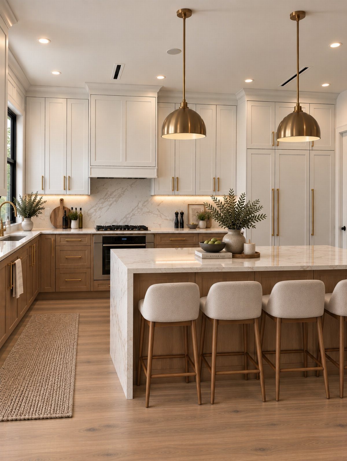 15 Ranch Style House Kitchen Remodel Ideas, Retro to Modern 12 White upper cabinets reaching the ceiling in a modern kitchen with marble island.