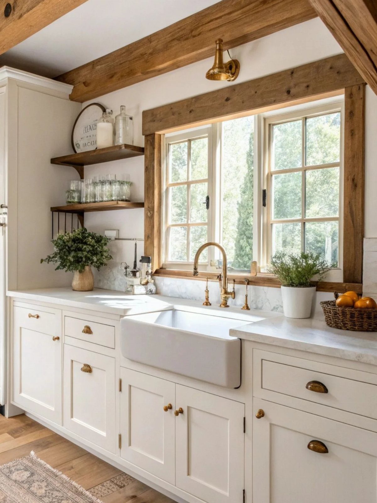 15 Ranch Style House Kitchen Remodel Ideas, Retro to Modern 5 White kitchen with natural wood ceiling beams, window trim, and floating shelves.