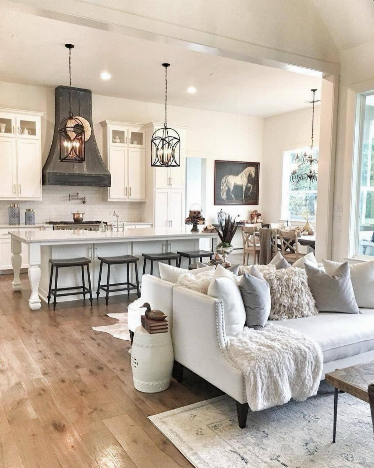 15 Ranch Style House Kitchen Remodel Ideas, Retro to Modern 1 Open-concept kitchen and living area with white cabinetry, large island, and cozy white sofa.