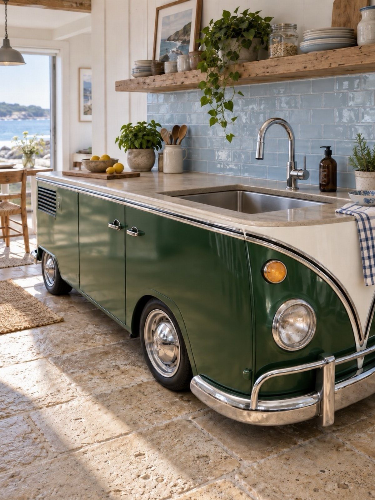 15 Ranch Style House Kitchen Remodel Ideas, Retro to Modern 4 Green vintage bus kitchen island with a natural wood open shelf above blue tiles.