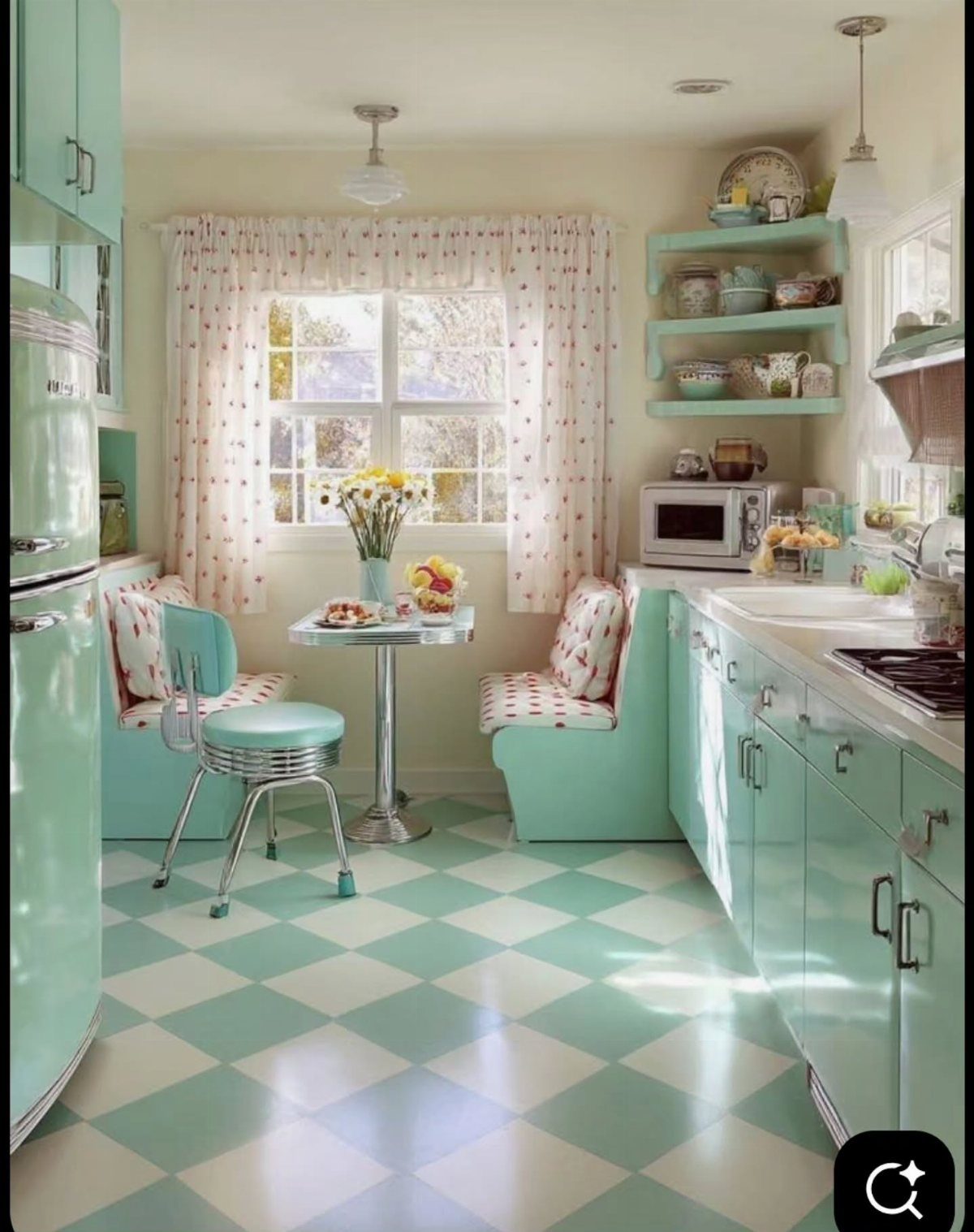 15 Ranch Style House Kitchen Remodel Ideas, Retro to Modern 15 Mint green retro kitchen with checkered floors and vintage-style appliances and dining nook.