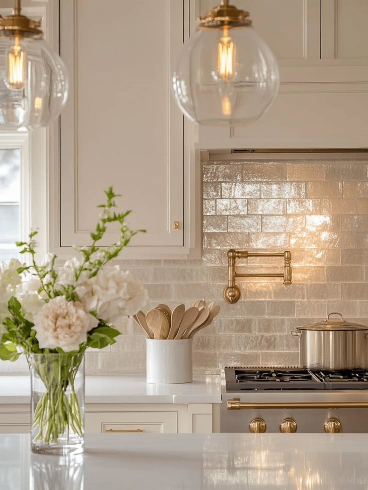 15 Ranch Style House Kitchen Remodel Ideas, Retro to Modern 8 White subway tile backsplash with a gold pot filler faucet in a bright kitchen
