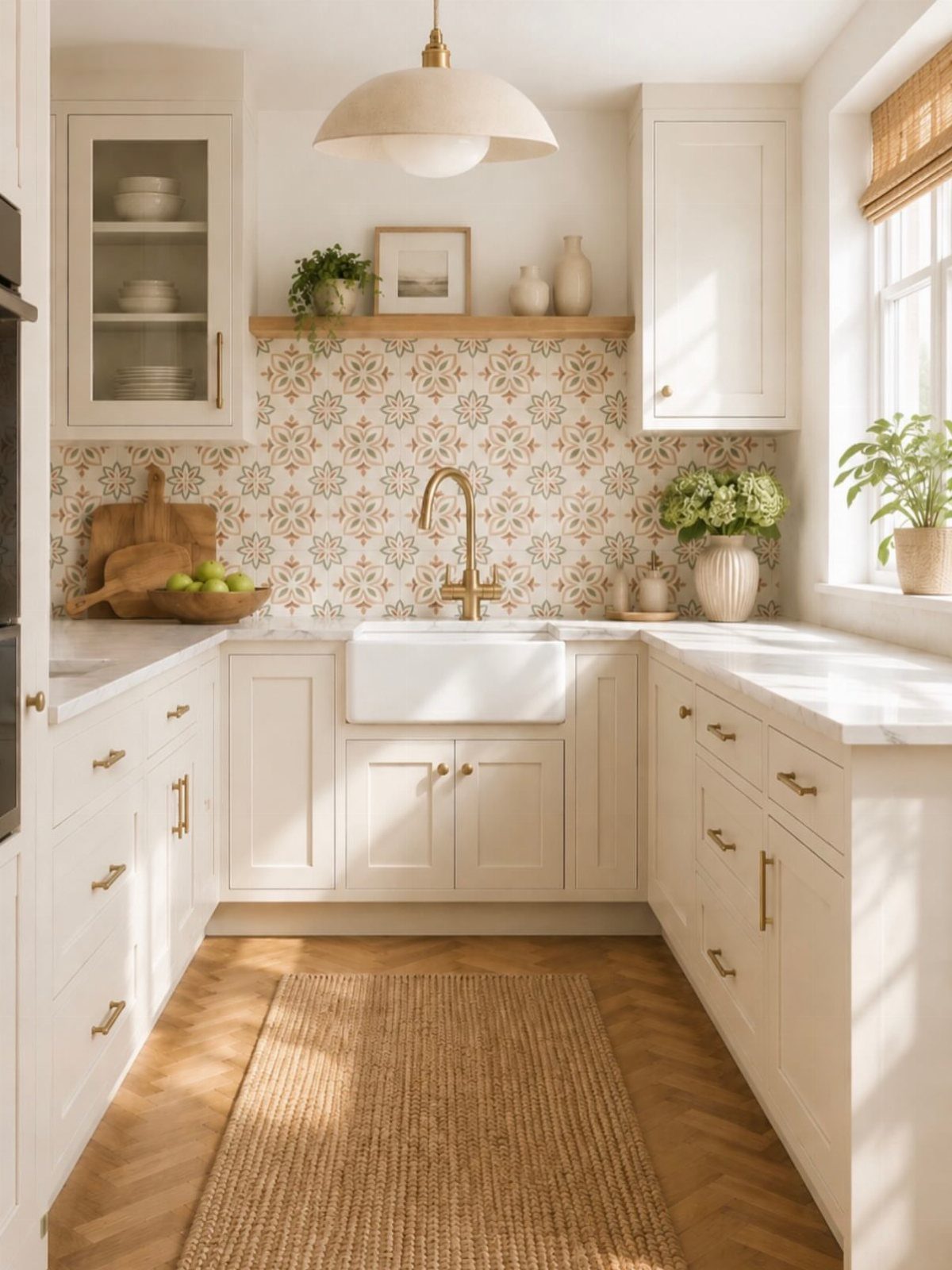 15 Ranch Style House Kitchen Remodel Ideas, Retro to Modern 6 Off-white kitchen cabinets with a white farmhouse sink and patterned tile backsplash.