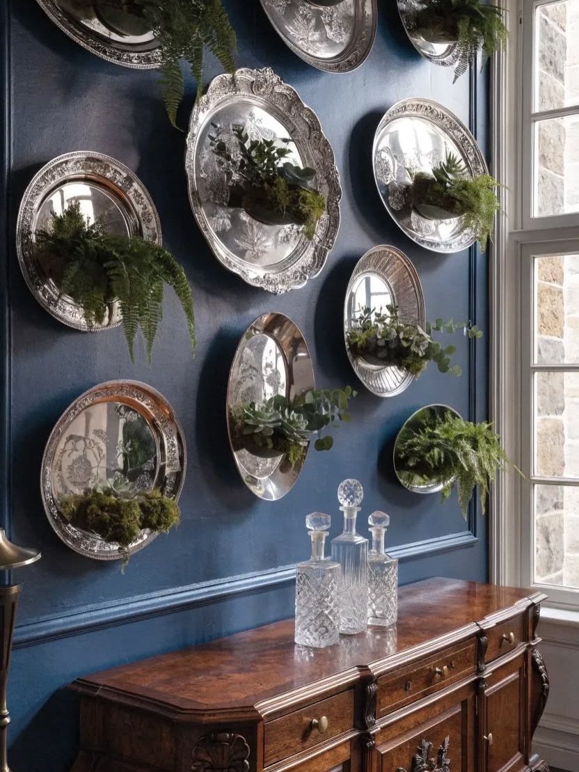 17 Remodeling Old House Ideas for Kitchens, Baths, Offices 7 Ornate silver platters with plants on a blue wall above a vintage wooden sideboard.
