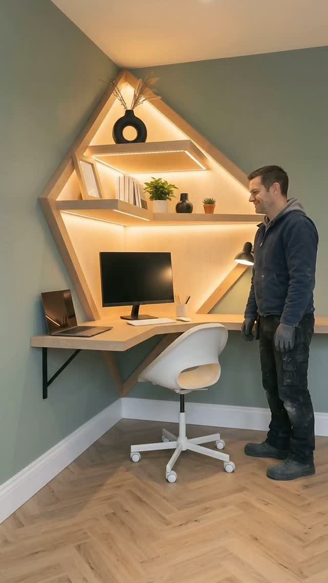 17 Remodeling Old House Ideas for Kitchens, Baths, Offices 12 Custom light-wood corner desk and shelving unit in a sage green room.