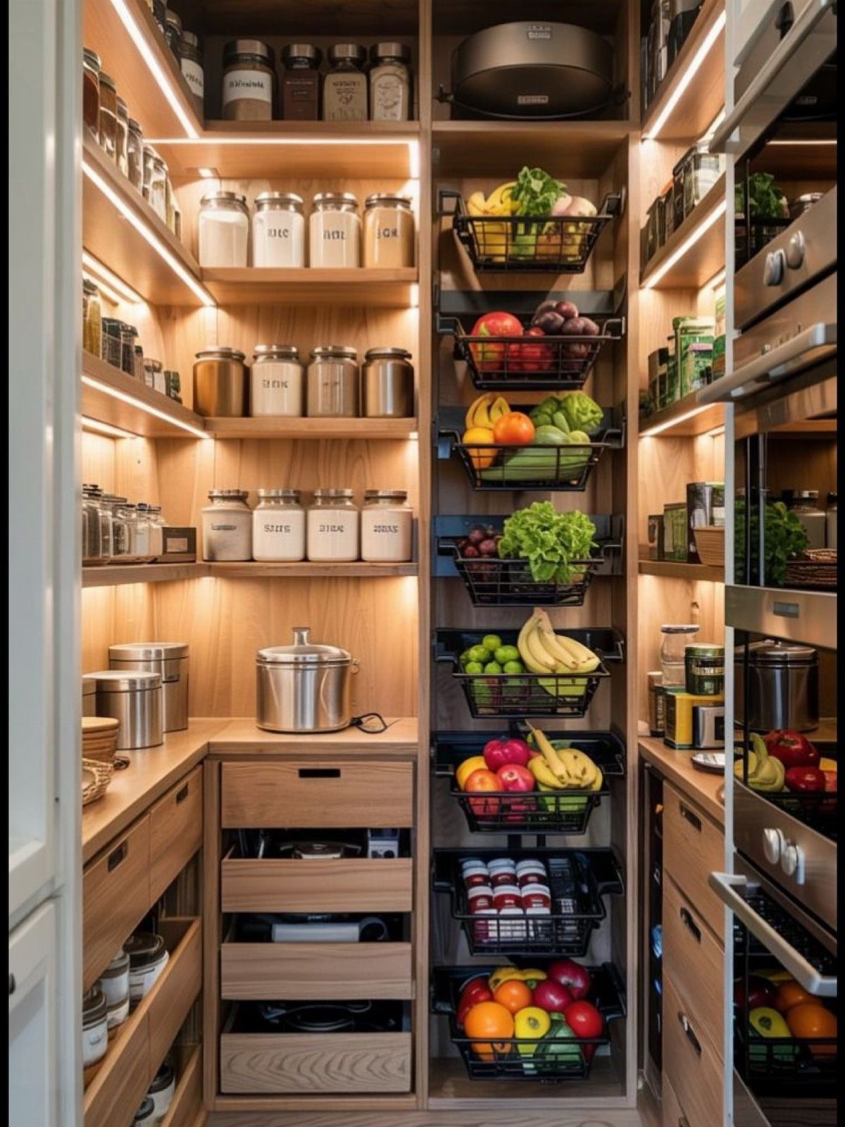 17 Remodeling Old House Ideas for Kitchens, Baths, Offices 15 Modern light wood kitchen pantry with integrated lighting and pull-out produce baskets.