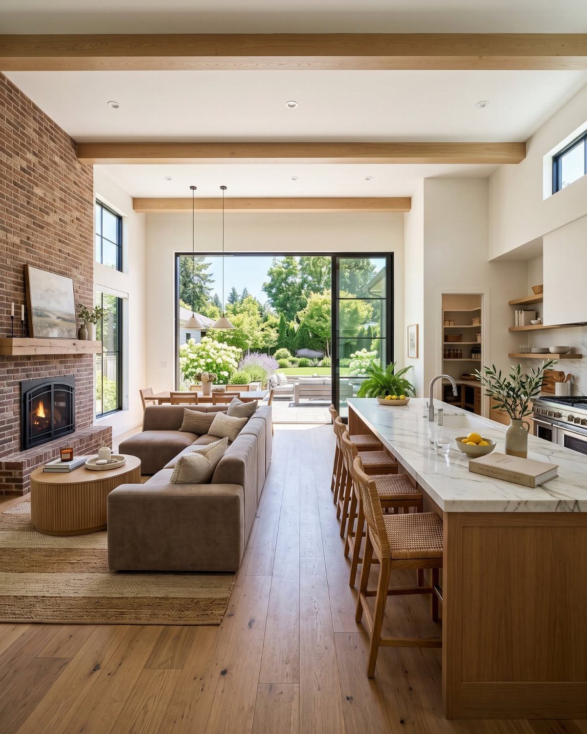 17 Remodeling Old House Ideas for Kitchens, Baths, Offices 8 Open-concept living area combining a kitchen with marble island and a cozy living room.