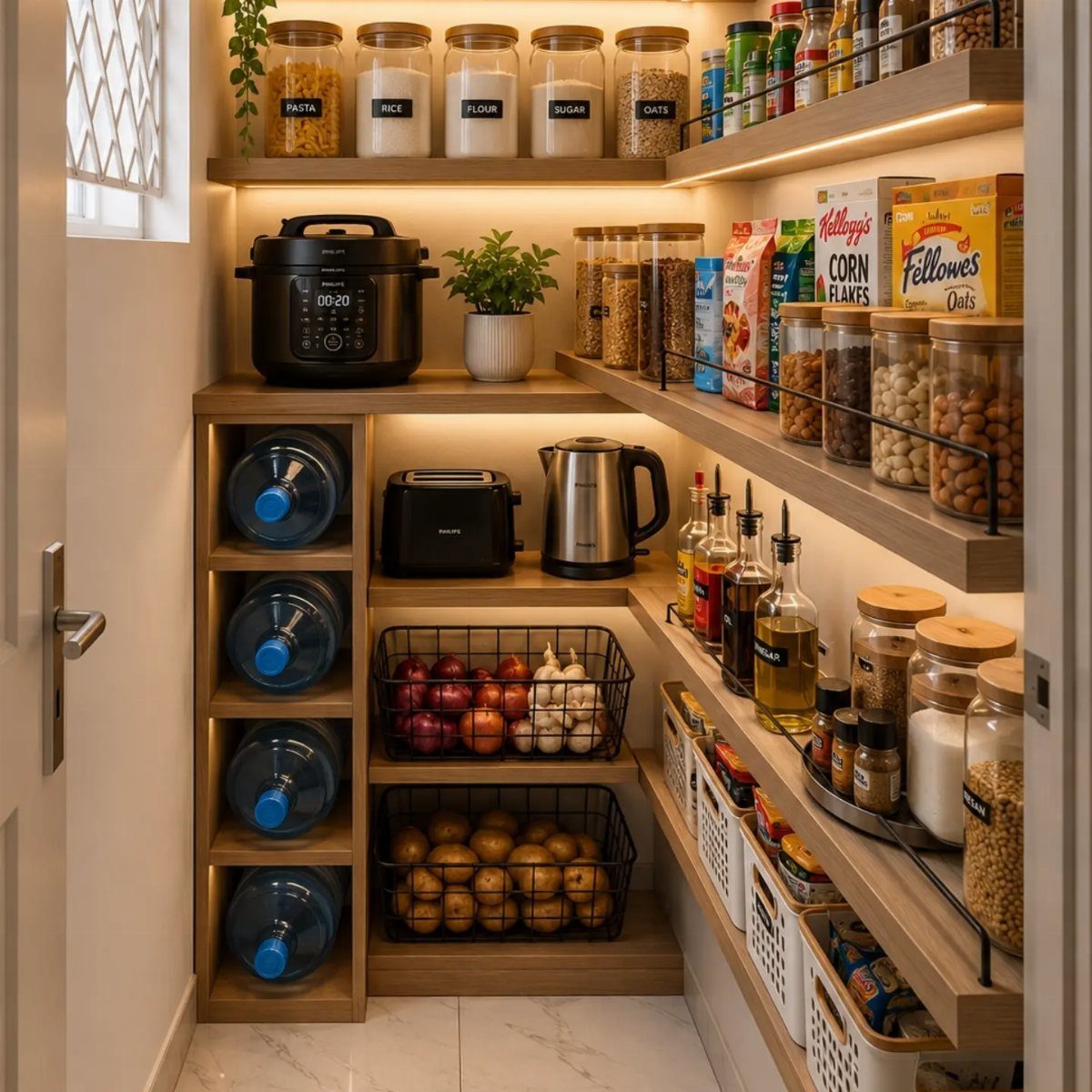17 Remodeling Old House Ideas for Kitchens, Baths, Offices 16 Wooden kitchen pantry shelves with organized food jars, appliances, and storage baskets.