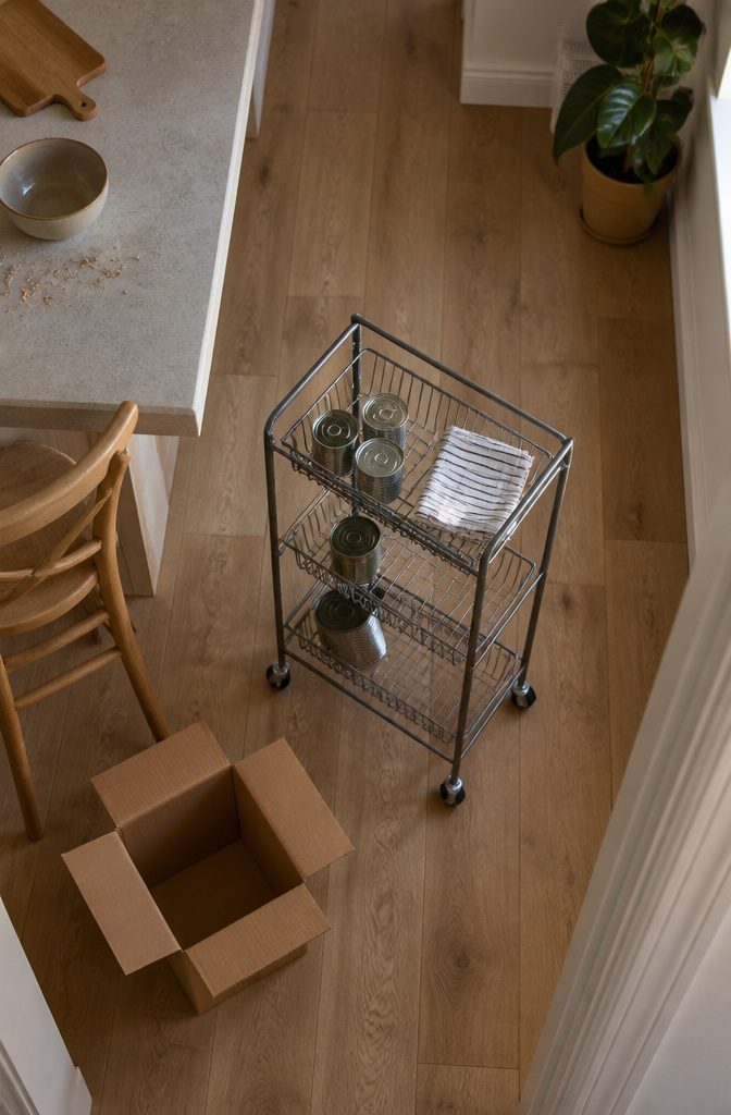 Three-tier metal basket cart on a steel frame with casters