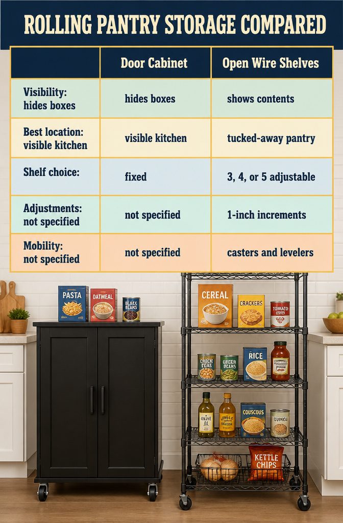 Rolling pantry cabinet beside open wire shelves and a mesh basket cart