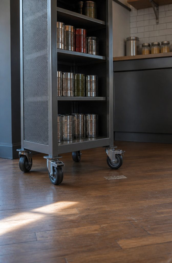 Steel pantry cabinet with cans on shelves and two visible caster brakes