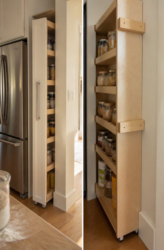 Narrow wooden pantry beside refrigerator with open shelves and caster wheels
