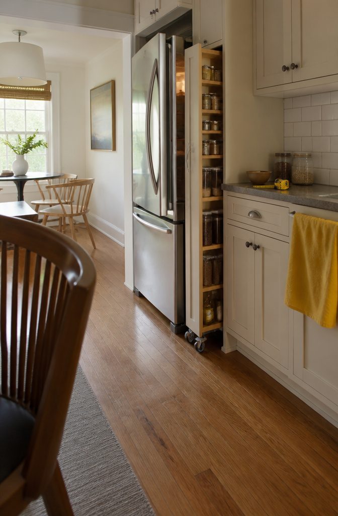Narrow rolling pantry cart tucked between a refrigerator and wall