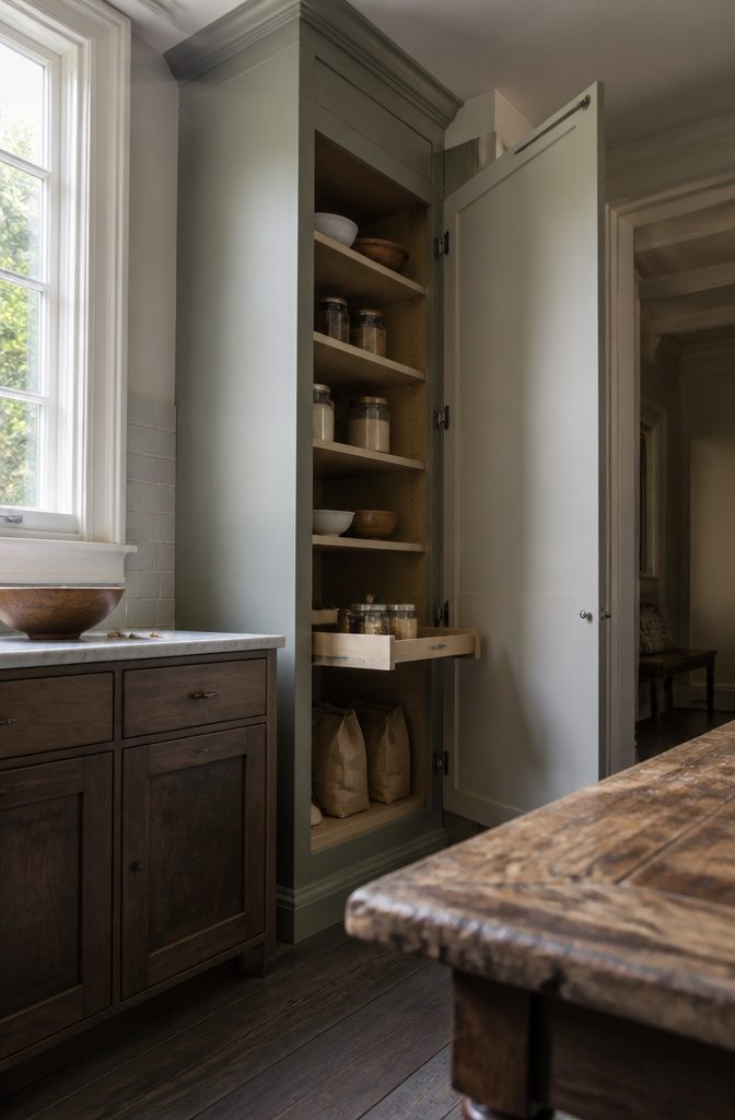 Tall built-in pantry cabinet with doors beside kitchen cabinetry