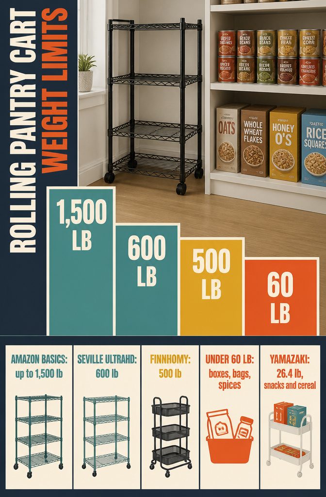 Rolling pantry cart weight limit chart listing capacities and shelf details
