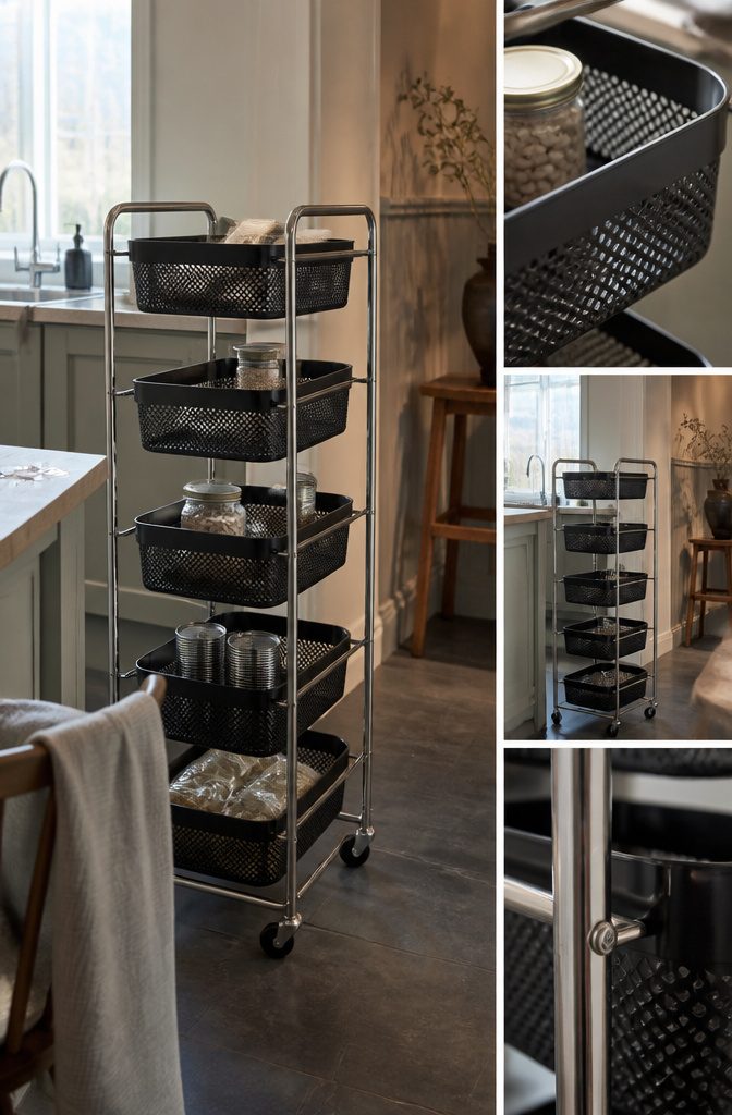Rolling pantry cart with steel frame and plastic shelves beside a kitchen counter