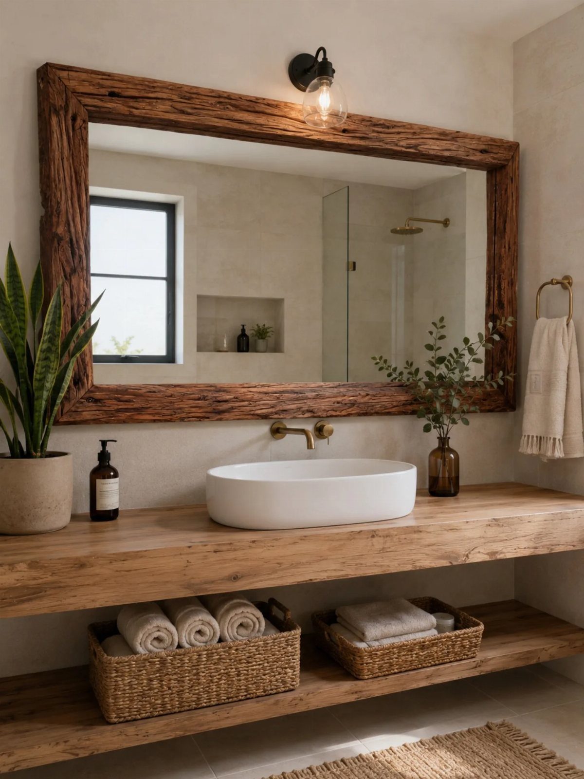 Large rectangular mirror with a thick rough-hewn wood frame in a rustic bathroom.