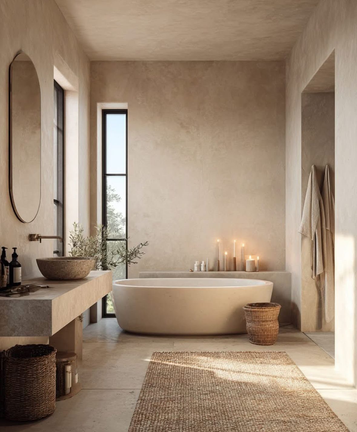 Beige limewash walls in a minimalist bathroom with a stone tub and vessel sink.