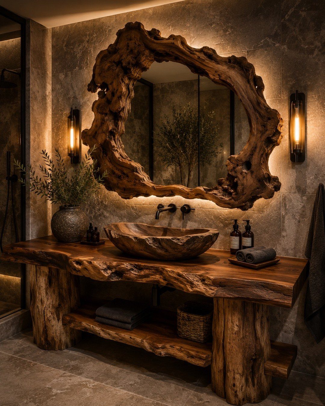 Live-edge wood framed mirror above a matching rustic wooden vanity and vessel sink.