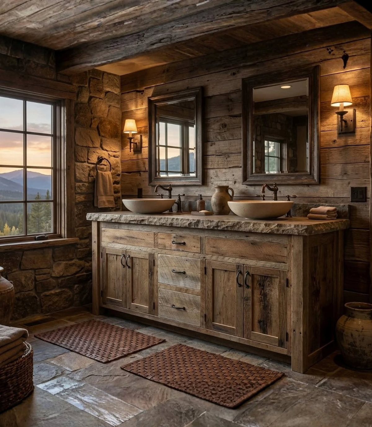 Rustic bathroom with reclaimed timber walls, natural stone accents, and a wooden vanity.