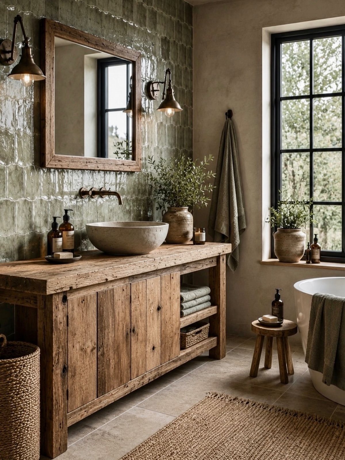 Reclaimed wood vanity with stone vessel sink in a rustic bathroom with green tiles.