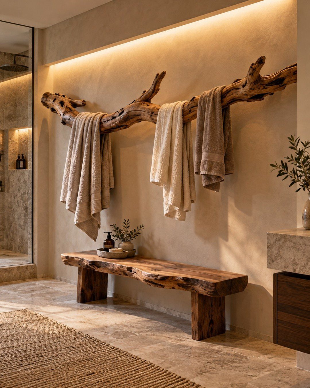 Warm cove lighting illuminating a rustic bathroom with a tree branch towel rack.