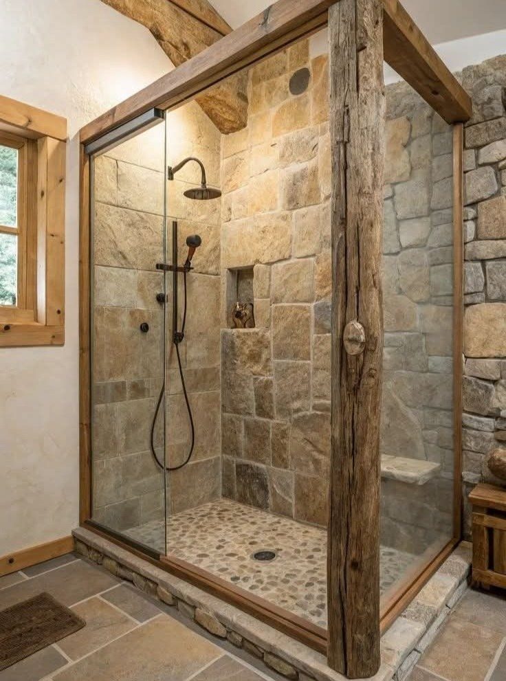 Walk-in shower with reclaimed wood framing, stone walls, and a pebble floor.