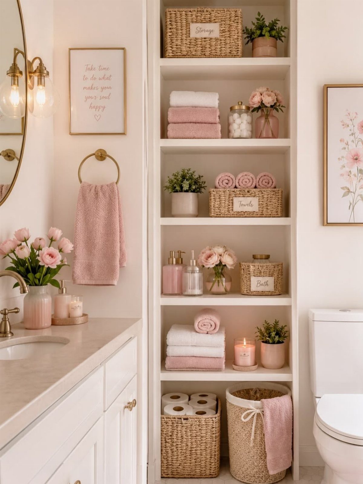 White bathroom vanity and shelving unit with pink towels and wicker storage baskets.