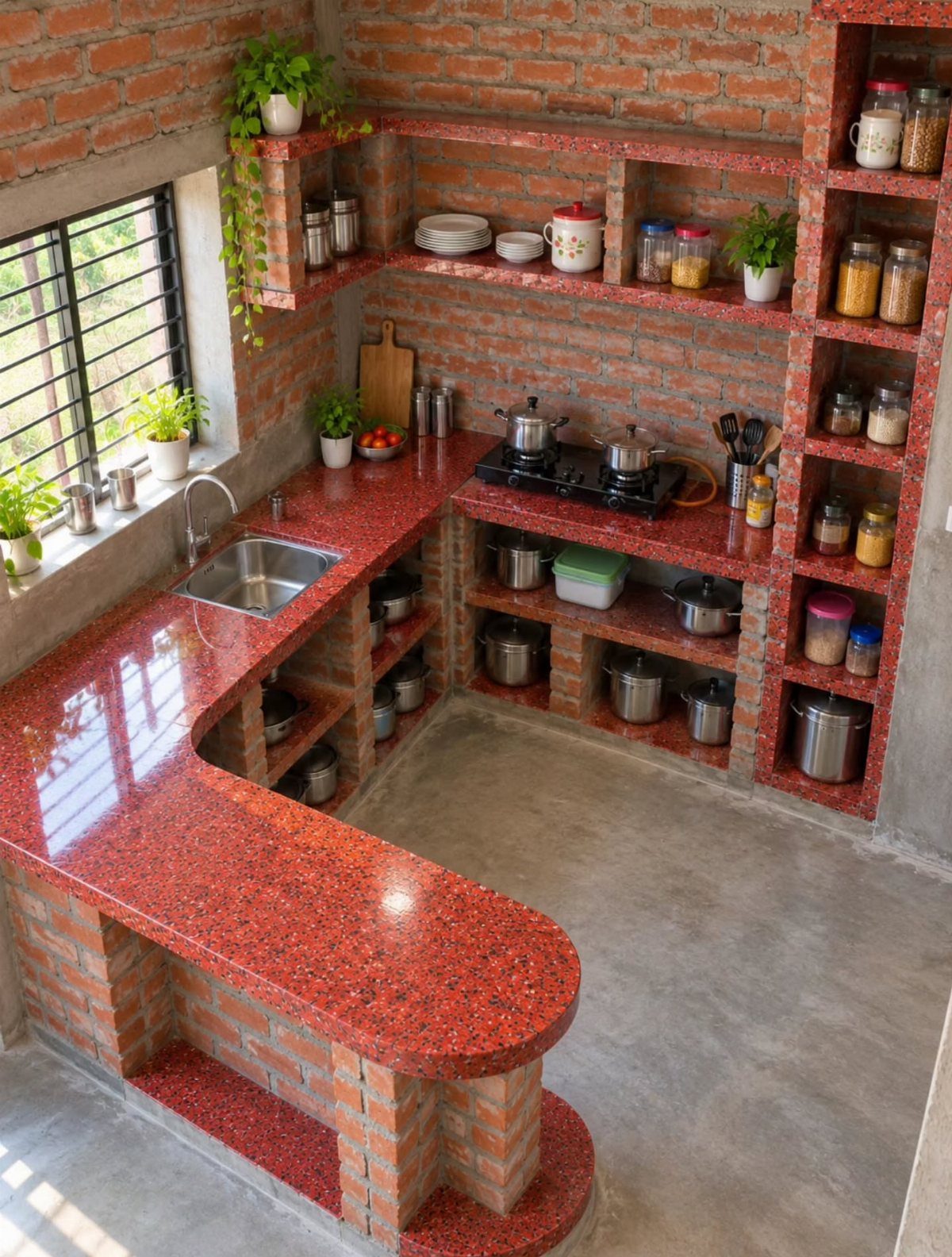 Red brick kitchen with red speckled countertops and built-in brick shelving units.