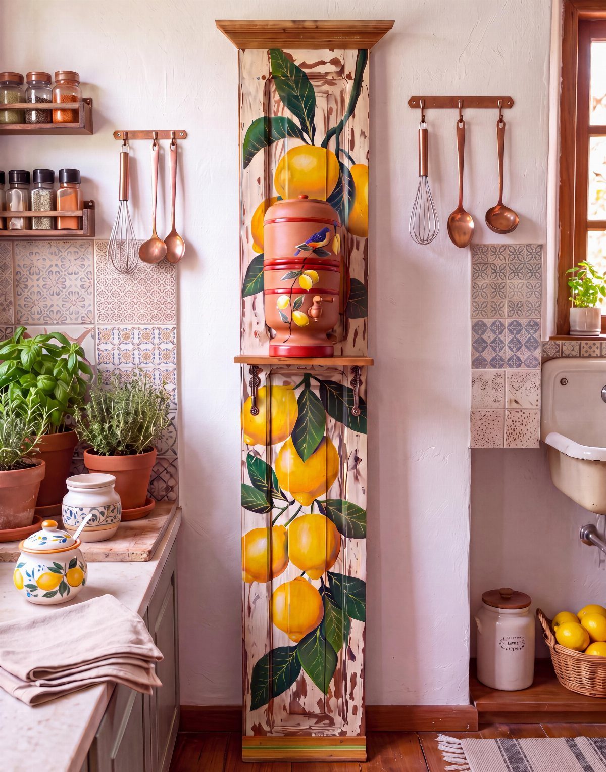 Mediterranean rustic kitchen with lemon-painted cabinet, copper utensils, and wooden spice shelves.