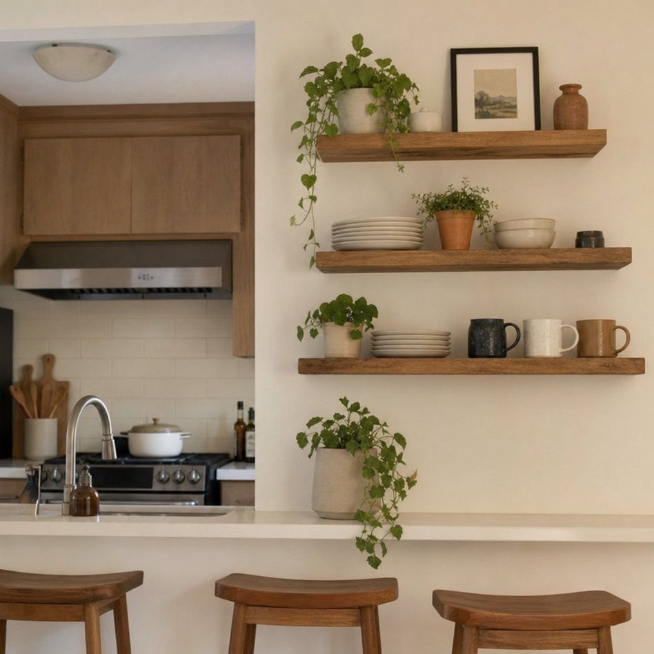 Three natural wood floating shelves with plants and ceramics on a white kitchen wall.