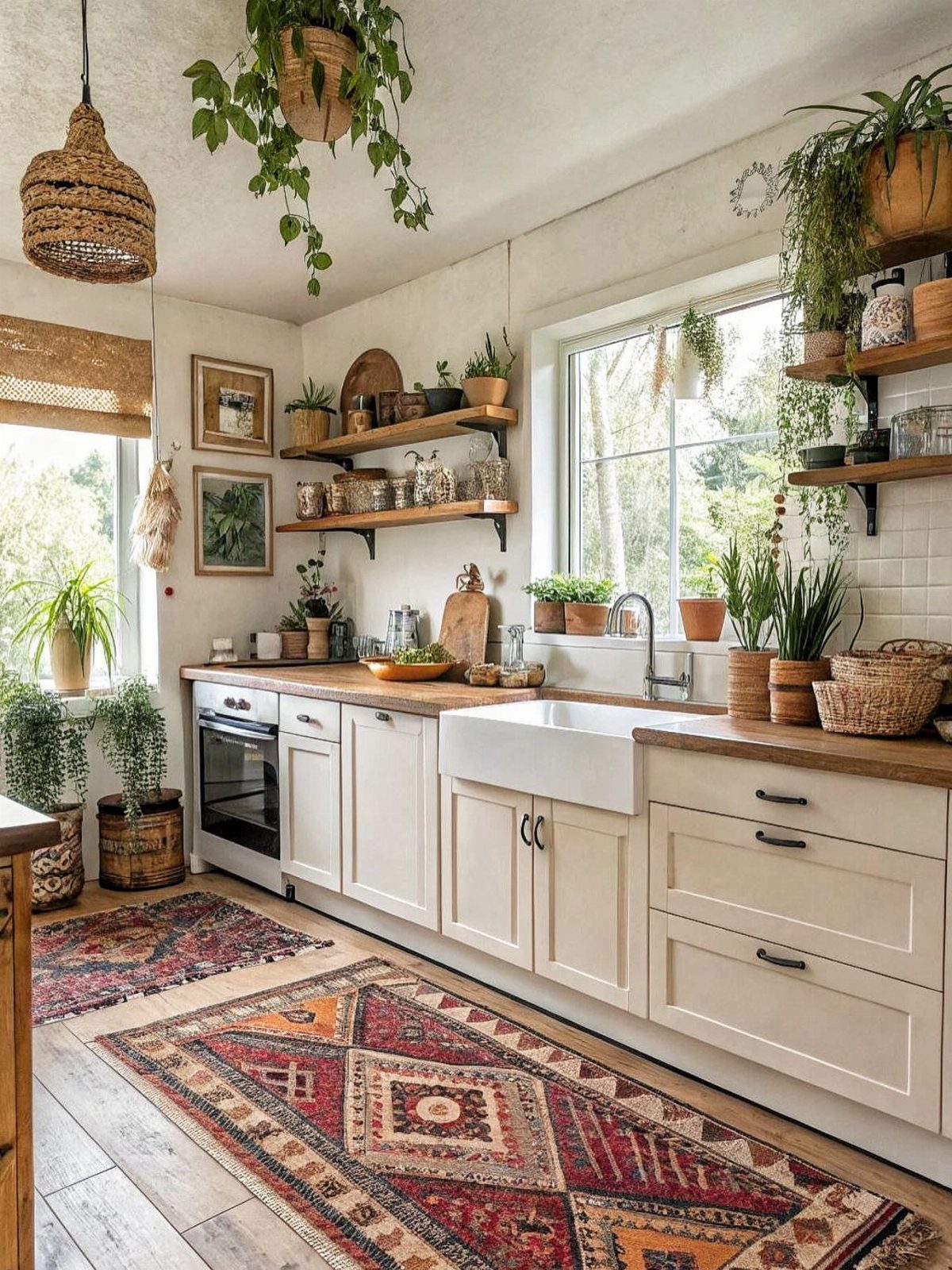 Rustic wooden kitchen shelves with potted plants and jars above white cabinets.