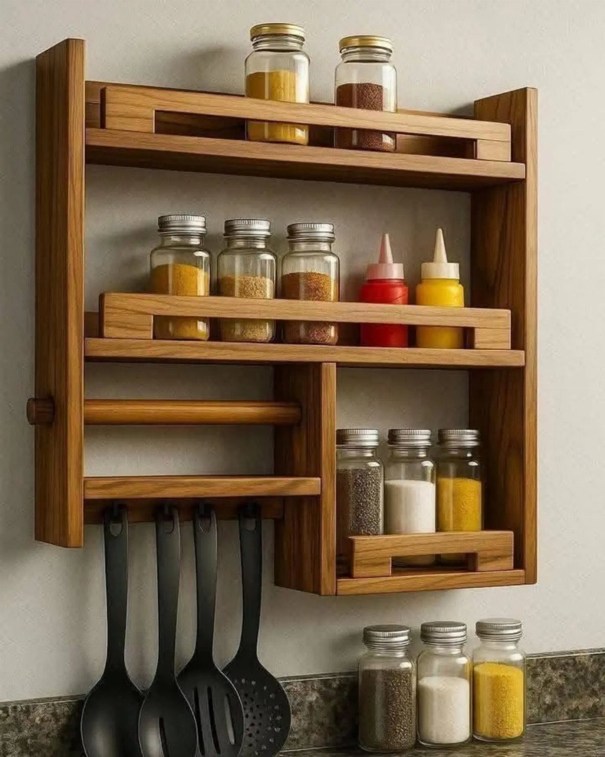 Wooden wall-mounted spice rack holding glass jars and squeeze bottles in a kitchen.