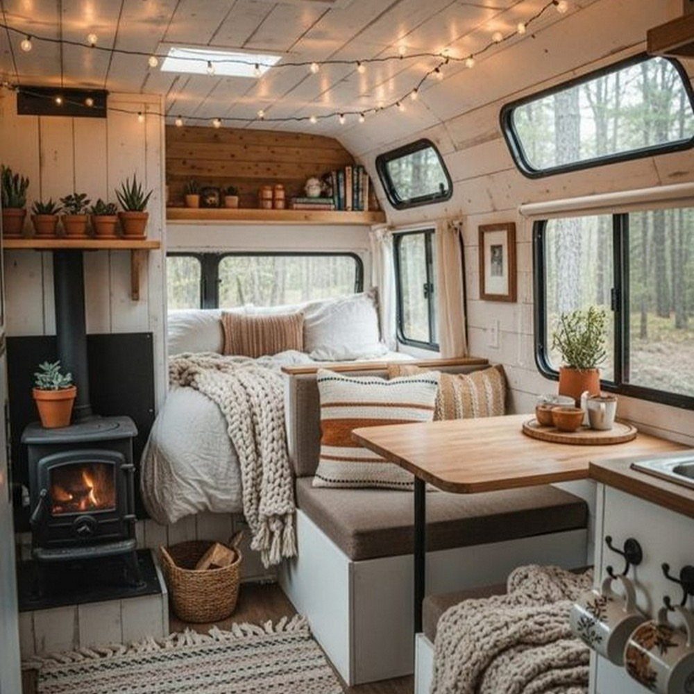 Cozy RV interior with white wood walls, string lights, and a small stove.