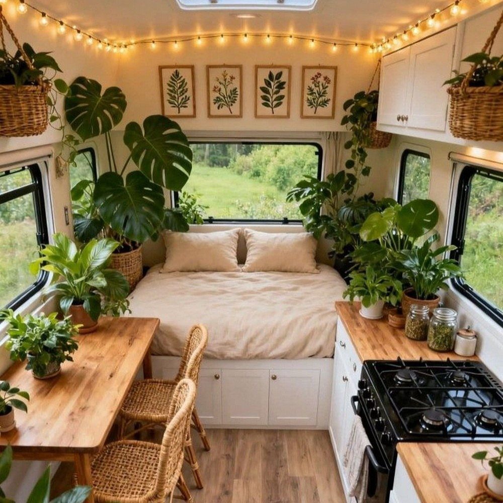 Cozy RV interior with a bed, wooden table, and many lush green potted plants.
