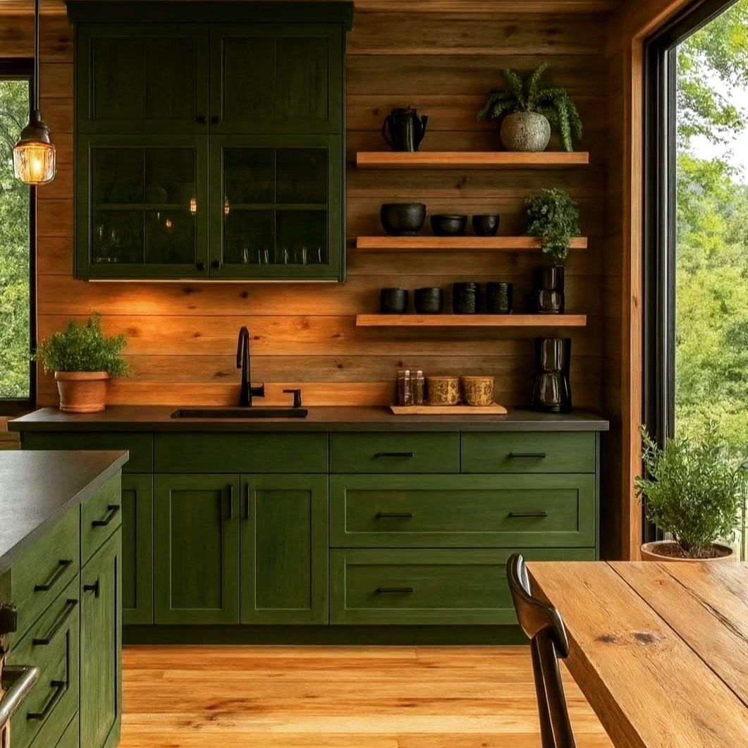 26 Sage Green Kitchen Ideas Using Wood, Brass, and Marble 26 Deep sage green kitchen cabinets with dark countertops and natural wood paneled walls.
