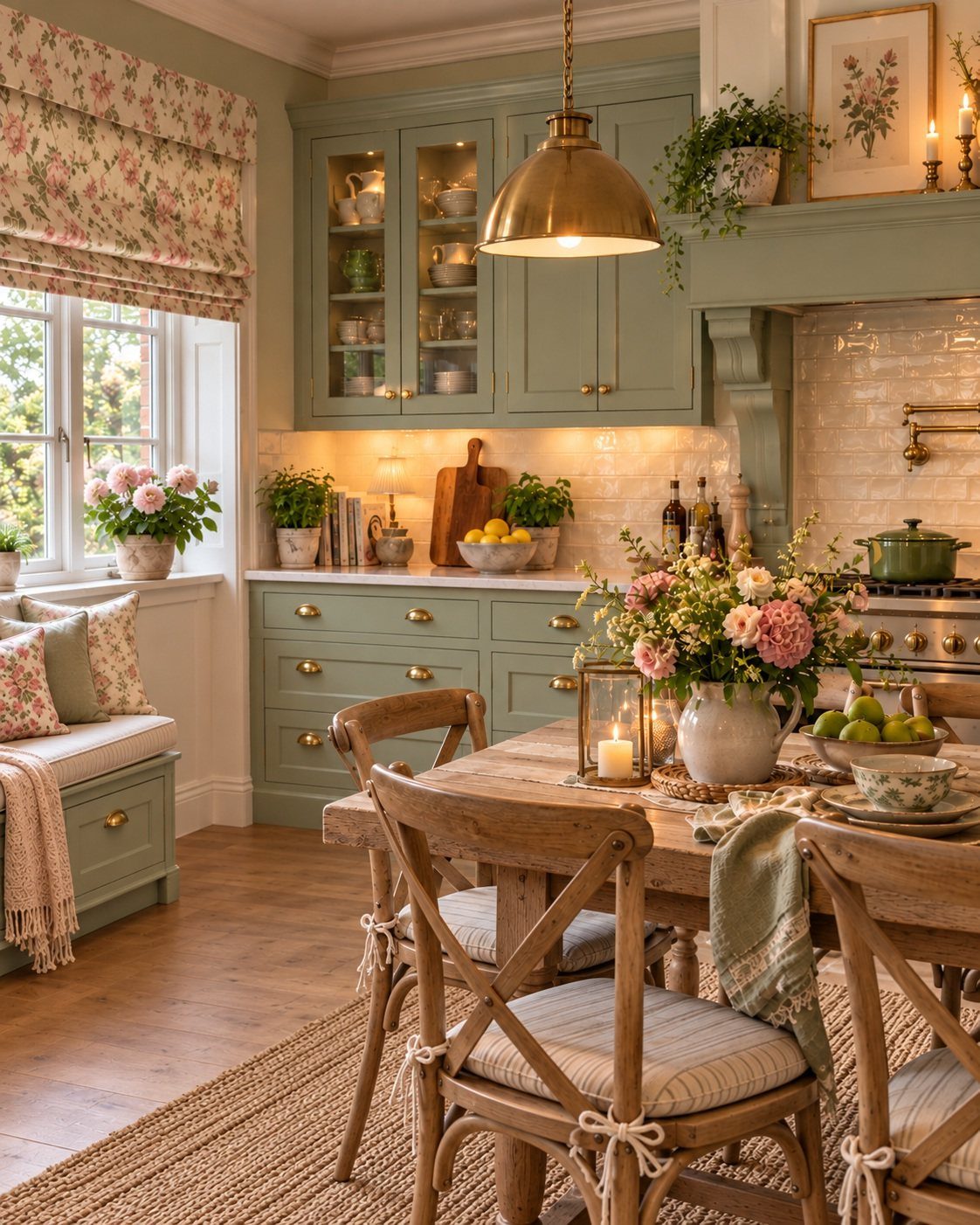 26 Sage Green Kitchen Ideas Using Wood, Brass, and Marble 1 Farmhouse kitchen with sage green cabinets, wooden dining set, and floral window treatments.