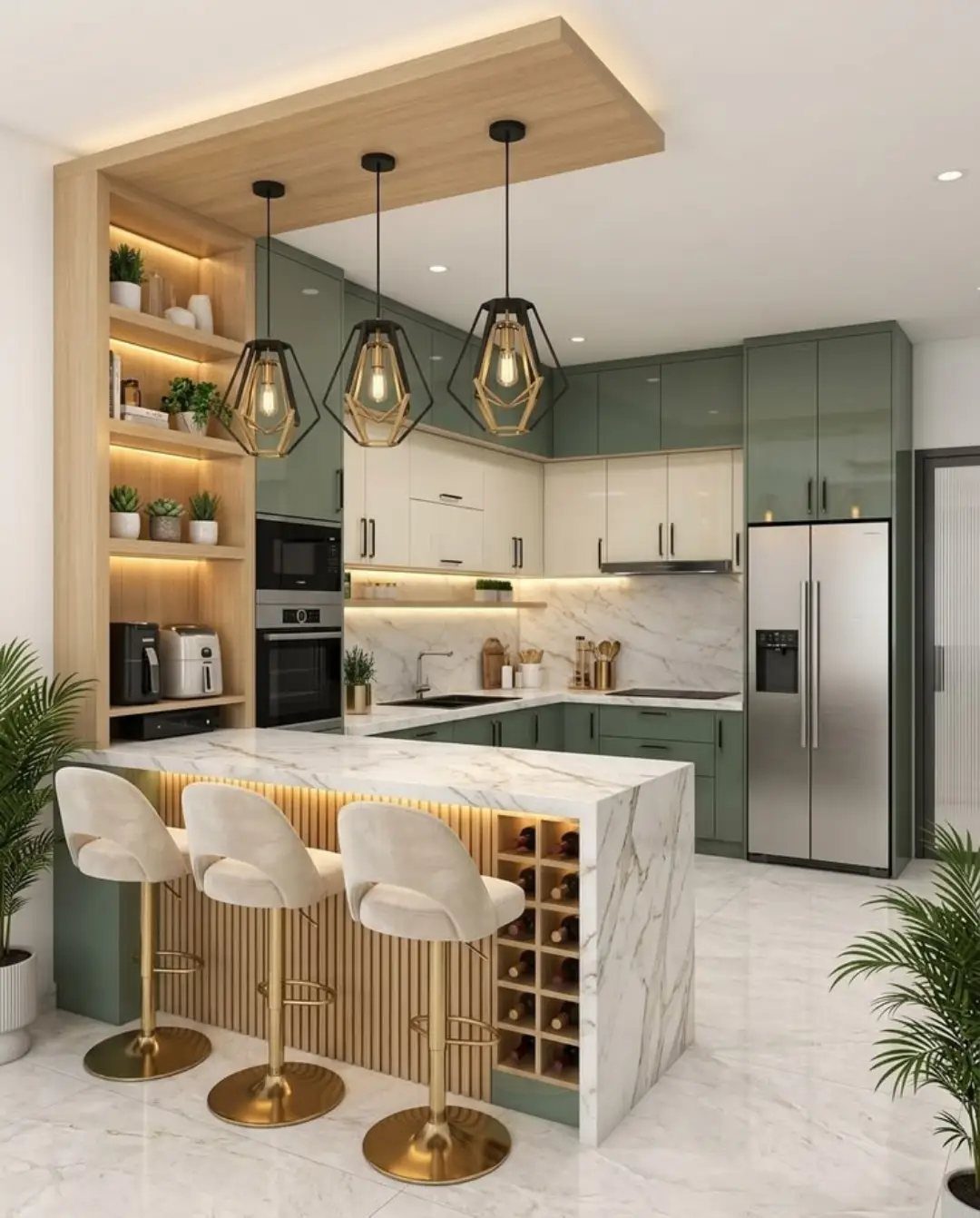 26 Sage Green Kitchen Ideas Using Wood, Brass, and Marble 8 Modern kitchen with sage green cabinets, white marble island, and gold bar stools.