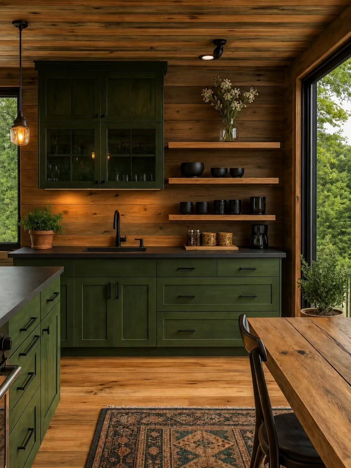 26 Sage Green Kitchen Ideas Using Wood, Brass, and Marble 3 Sage green kitchen cabinets with natural wood plank walls, ceiling, and floating shelves.