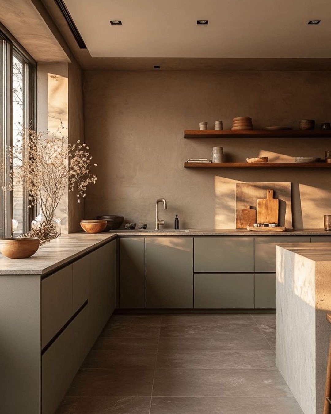 26 Sage Green Kitchen Ideas Using Wood, Brass, and Marble 16 Sage green kitchen cabinets with floating wooden open shelves on a beige wall