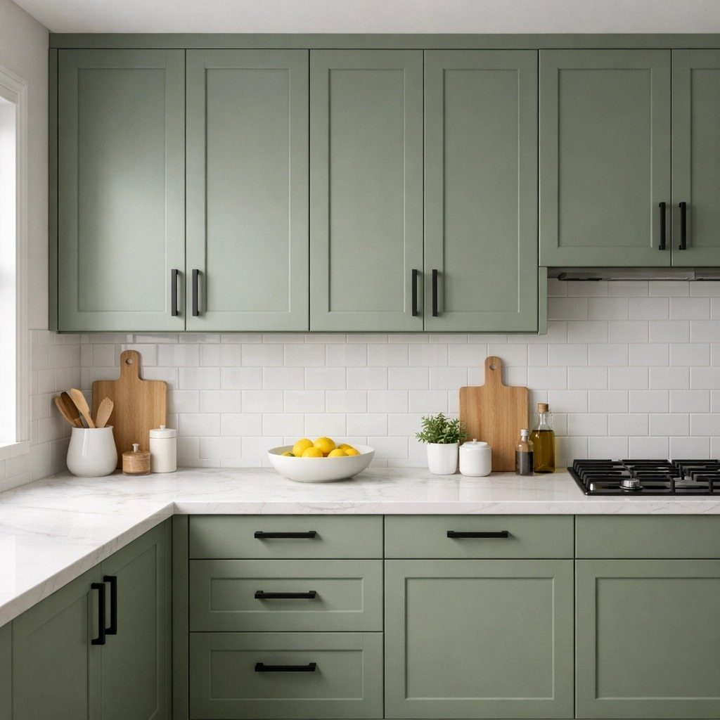 26 Sage Green Kitchen Ideas Using Wood, Brass, and Marble 19 Sage green kitchen cabinets with black hardware and white marble countertops
